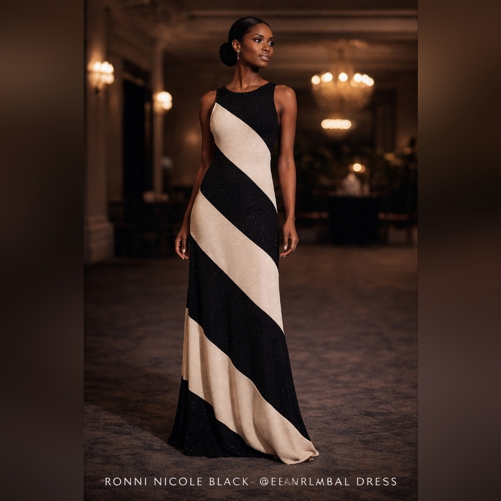 Ronni Nicole Elegant Black and Cream Striped Maxi Dress, Size 16